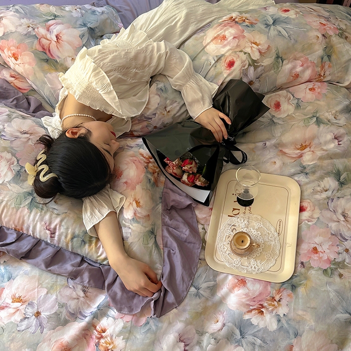 91家纺网 家纺一手货源 找家纺 疆东 【疆东】2026高端韩版法式花边纯棉全棉双层纱四件套复古赫本公主风浪漫荷叶边花卉纯棉四件套被套床单 芳菲