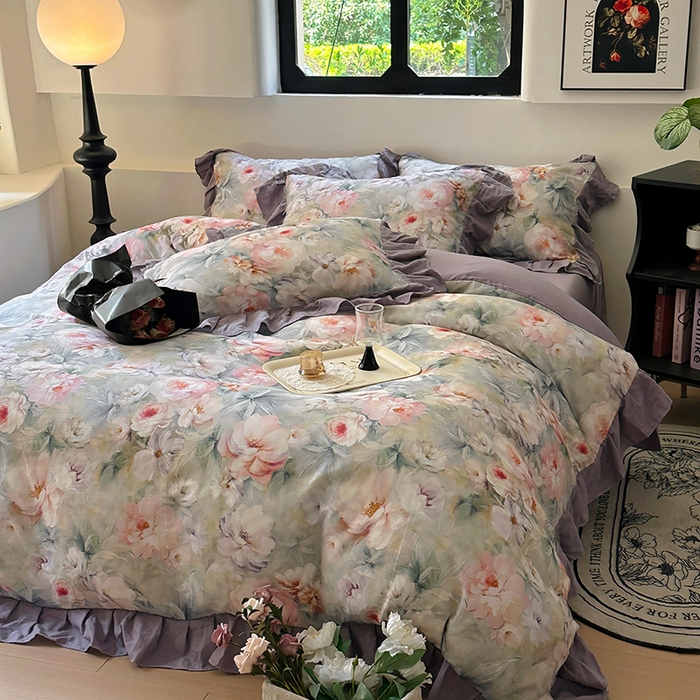 91家纺网 家纺一手货源 找家纺 疆东 【疆东】2026高端韩版法式花边纯棉全棉双层纱四件套复古赫本公主风浪漫荷叶边花卉纯棉四件套被套床单 芳菲