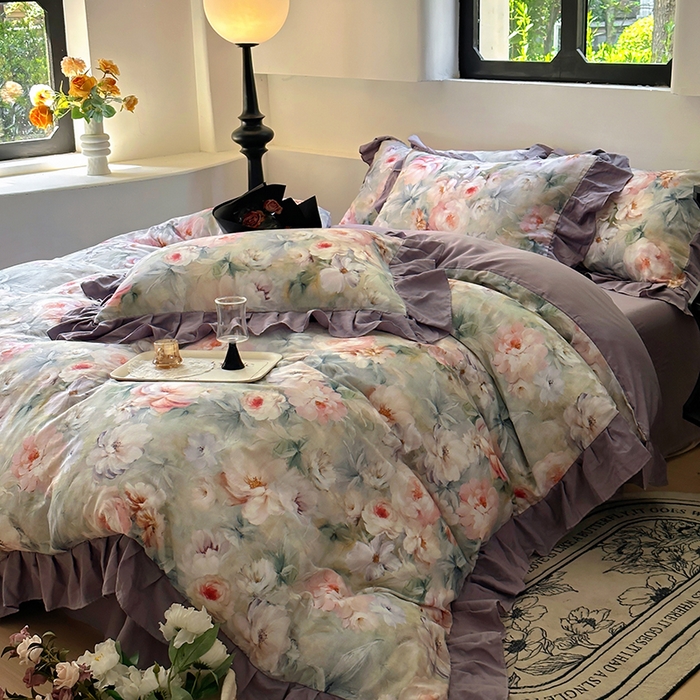 91家纺网 家纺一手货源 找家纺 疆东 【疆东】2026高端韩版法式花边纯棉全棉双层纱四件套复古赫本公主风浪漫荷叶边花卉纯棉四件套被套床单 芳菲