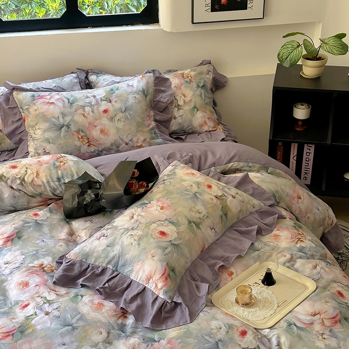 91家纺网 家纺一手货源 找家纺 疆东 【疆东】2026高端韩版法式花边纯棉全棉双层纱四件套复古赫本公主风浪漫荷叶边花卉纯棉四件套被套床单 芳菲