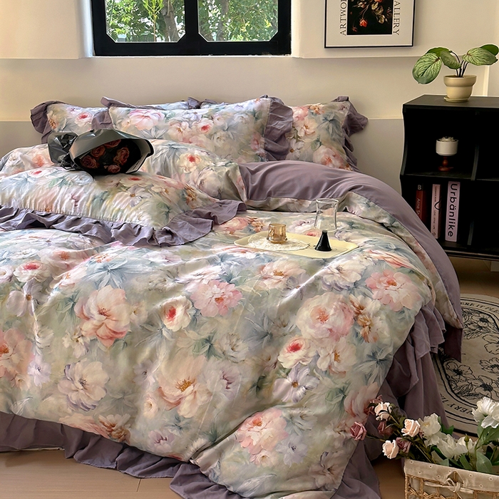 91家纺网 家纺一手货源 找家纺 疆东 【疆东】2026高端韩版法式花边纯棉全棉双层纱四件套复古赫本公主风浪漫荷叶边花卉纯棉四件套被套床单 芳菲