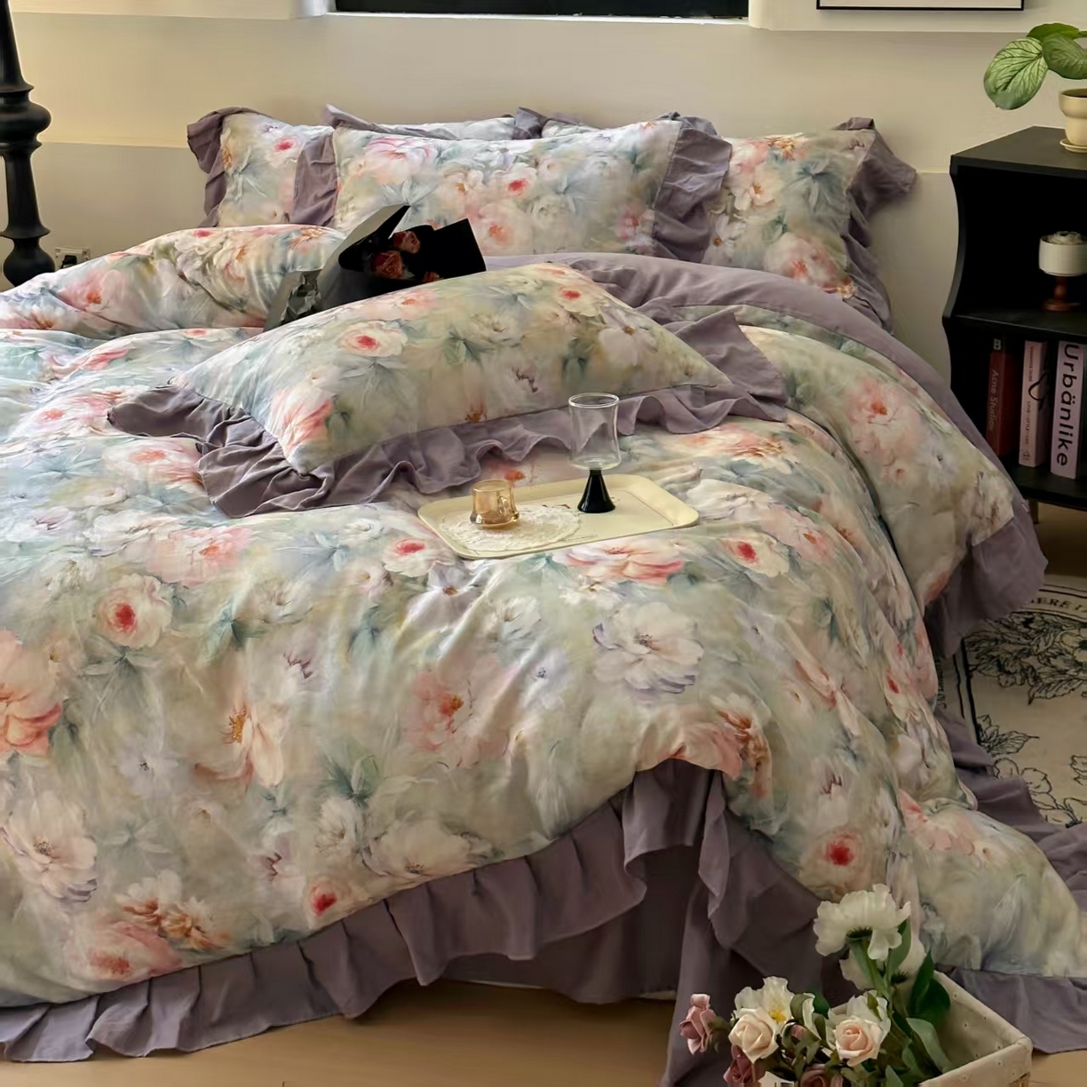 91家纺网 家纺一手货源 找家纺 疆东 【疆东】2026高端韩版法式花边纯棉全棉双层纱四件套复古赫本公主风浪漫荷叶边花卉纯棉四件套被套床单 芳菲