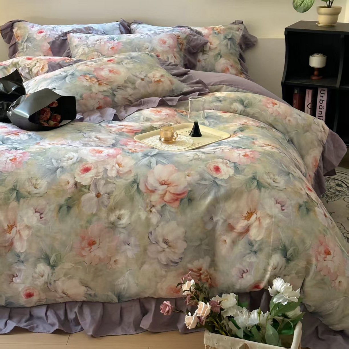 91家纺网 家纺一手货源 找家纺 疆东 【疆东】2026高端韩版法式花边纯棉全棉双层纱四件套复古赫本公主风浪漫荷叶边花卉纯棉四件套被套床单 芳菲