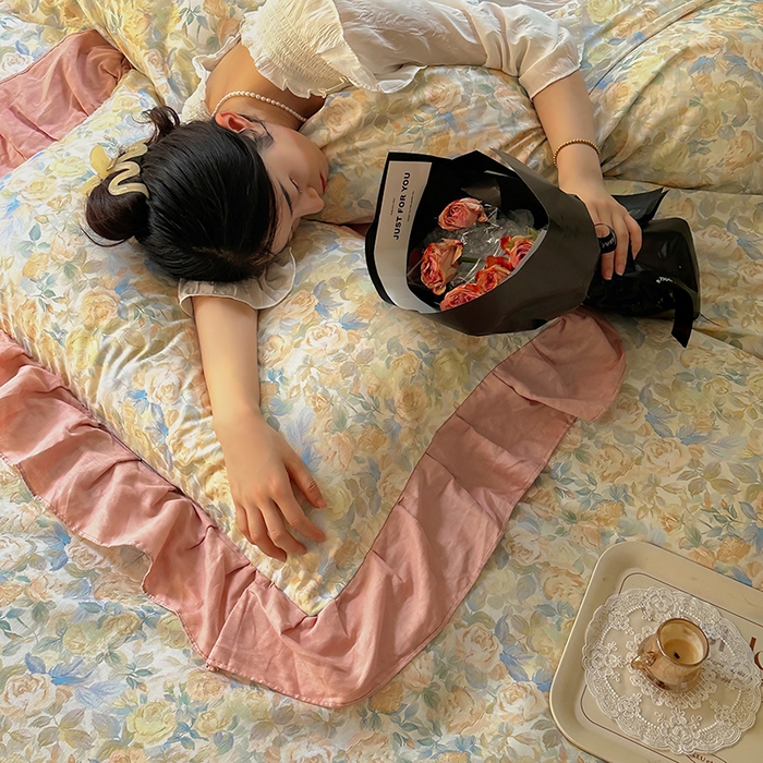 91家纺网 家纺一手货源 找家纺 疆东 【疆东】2026高端韩版法式花边纯棉全棉双层纱四件套复古赫本公主风浪漫荷叶边花卉纯棉四件套被套床单 蔷薇恋人