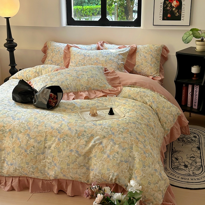 91家纺网 家纺一手货源 找家纺 疆东 【疆东】2026高端韩版法式花边纯棉全棉双层纱四件套复古赫本公主风浪漫荷叶边花卉纯棉四件套被套床单 蔷薇恋人