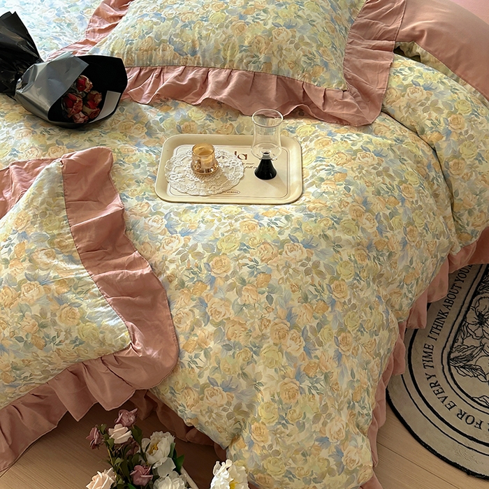 91家纺网 家纺一手货源 找家纺 疆东 【疆东】2026高端韩版法式花边纯棉全棉双层纱四件套复古赫本公主风浪漫荷叶边花卉纯棉四件套被套床单 蔷薇恋人