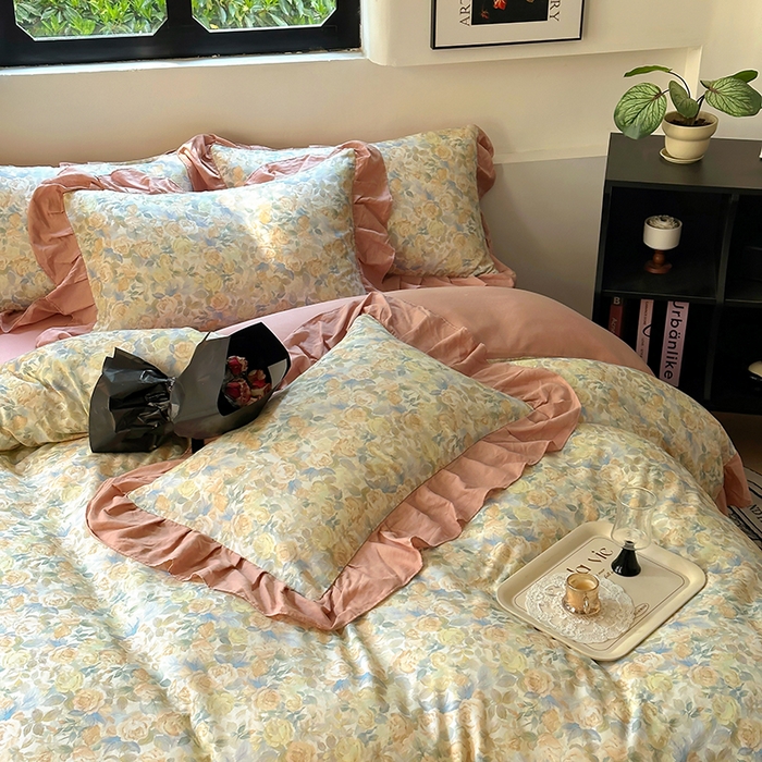 91家纺网 家纺一手货源 找家纺 疆东 【疆东】2026高端韩版法式花边纯棉全棉双层纱四件套复古赫本公主风浪漫荷叶边花卉纯棉四件套被套床单 蔷薇恋人