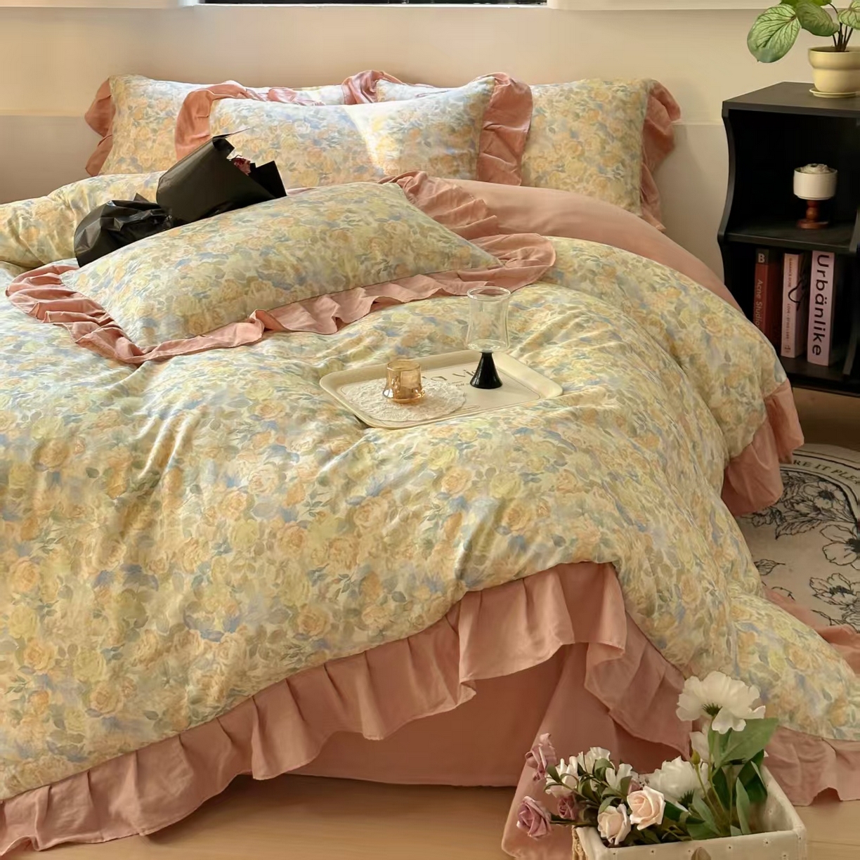 91家纺网 家纺一手货源 找家纺 疆东 【疆东】2026高端韩版法式花边纯棉全棉双层纱四件套复古赫本公主风浪漫荷叶边花卉纯棉四件套被套床单 蔷薇恋人