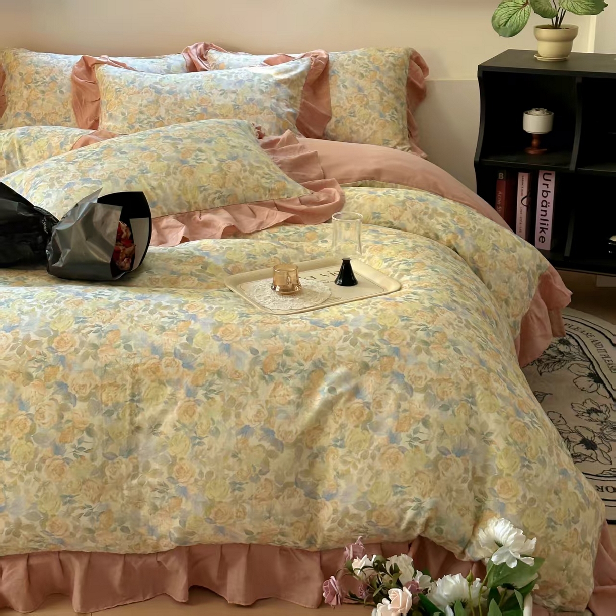 91家纺网 家纺一手货源 找家纺 疆东 【疆东】2026高端韩版法式花边纯棉全棉双层纱四件套复古赫本公主风浪漫荷叶边花卉纯棉四件套被套床单 蔷薇恋人