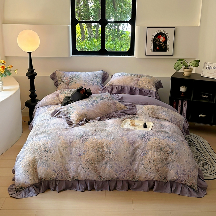 91家纺网 家纺一手货源 找家纺 疆东 【疆东】2026高端韩版法式花边纯棉全棉双层纱四件套复古赫本公主风浪漫荷叶边花卉纯棉四件套被套床单 疏影