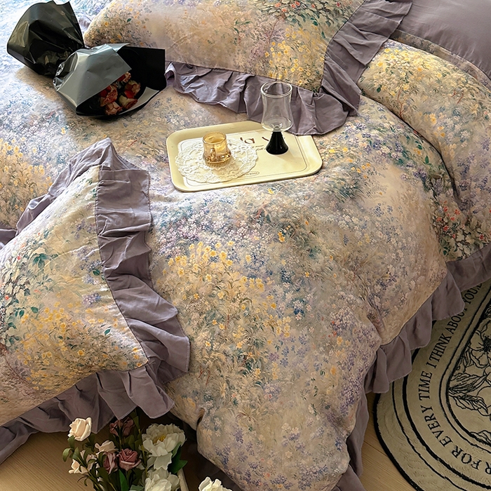 91家纺网 家纺一手货源 找家纺 疆东 【疆东】2026高端韩版法式花边纯棉全棉双层纱四件套复古赫本公主风浪漫荷叶边花卉纯棉四件套被套床单 疏影