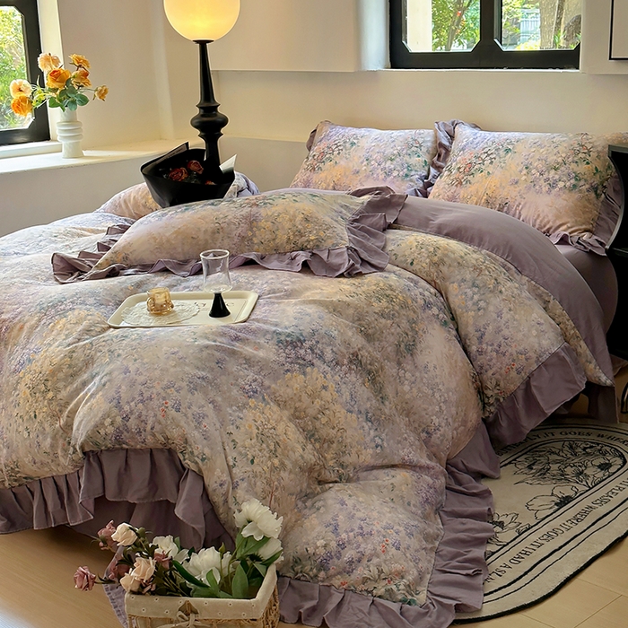 91家纺网 家纺一手货源 找家纺 疆东 【疆东】2026高端韩版法式花边纯棉全棉双层纱四件套复古赫本公主风浪漫荷叶边花卉纯棉四件套被套床单 疏影