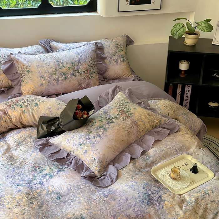 91家纺网 家纺一手货源 找家纺 疆东 【疆东】2026高端韩版法式花边纯棉全棉双层纱四件套复古赫本公主风浪漫荷叶边花卉纯棉四件套被套床单 疏影