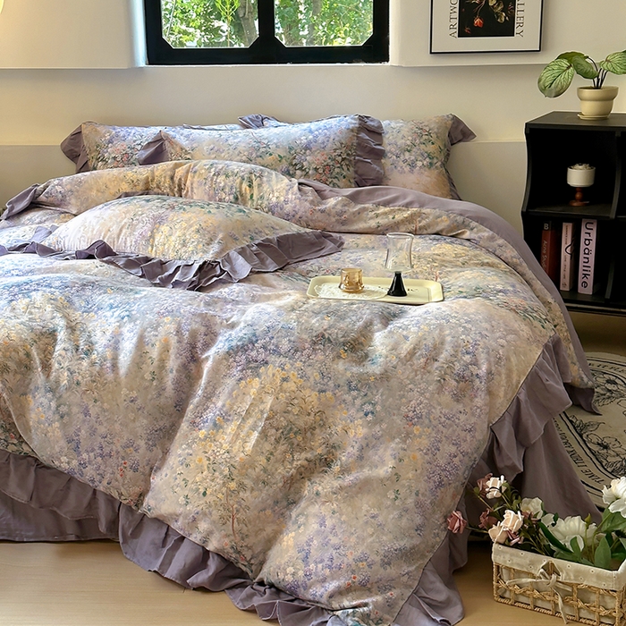 91家纺网 家纺一手货源 找家纺 疆东 【疆东】2026高端韩版法式花边纯棉全棉双层纱四件套复古赫本公主风浪漫荷叶边花卉纯棉四件套被套床单 疏影