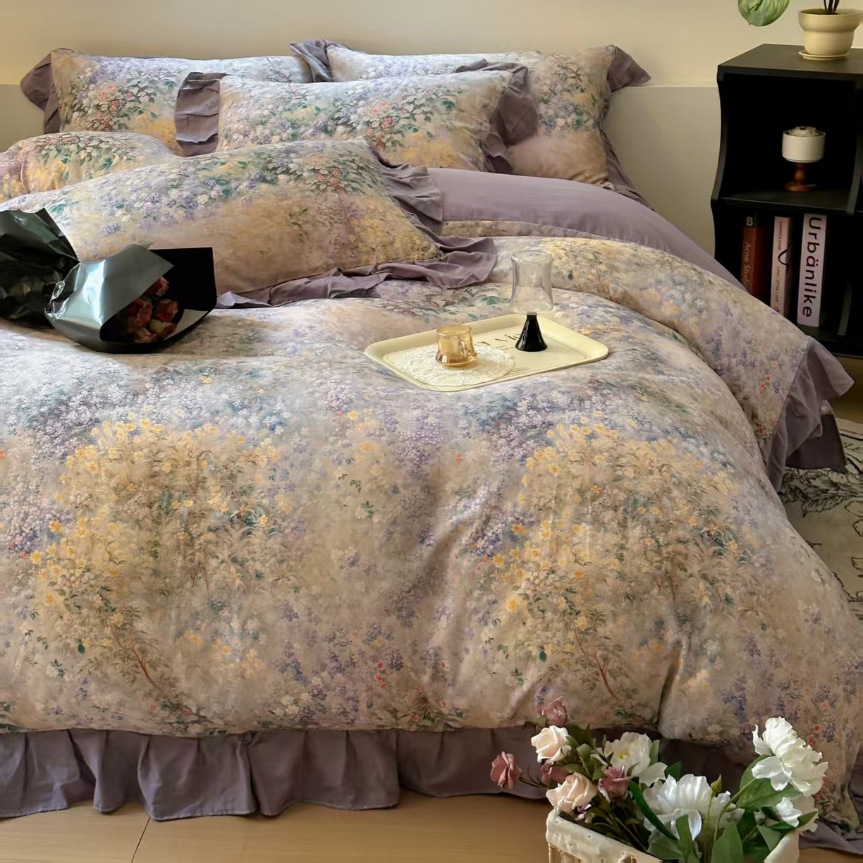 91家纺网 家纺一手货源 找家纺 疆东 【疆东】2026高端韩版法式花边纯棉全棉双层纱四件套复古赫本公主风浪漫荷叶边花卉纯棉四件套被套床单 疏影