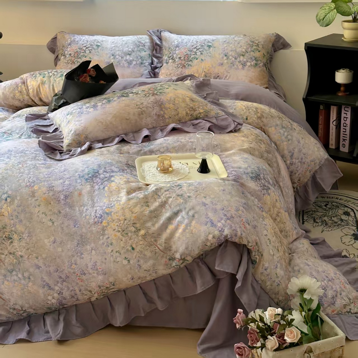 91家纺网 家纺一手货源 找家纺 疆东 【疆东】2026高端韩版法式花边纯棉全棉双层纱四件套复古赫本公主风浪漫荷叶边花卉纯棉四件套被套床单 疏影