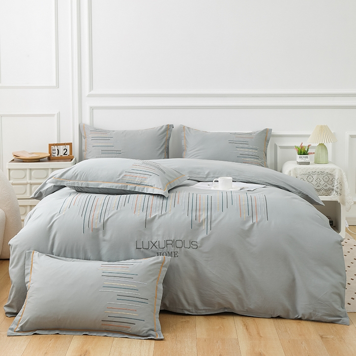 91家纺网 家纺一手货源 找家纺 疆东 疆东2026年纯色高端轻奢长绒棉纯棉全棉刺绣四件套简约素色匹马棉全棉纯棉刺绣花四件套被套床单套件 气质灰