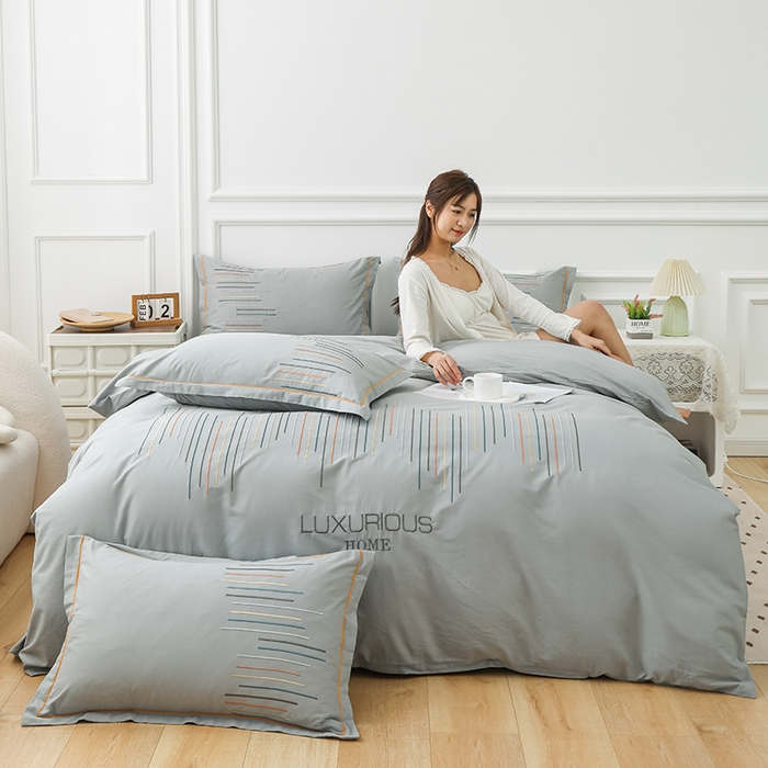 91家纺网 家纺一手货源 找家纺 疆东 疆东2026年纯色高端轻奢长绒棉纯棉全棉刺绣四件套简约素色匹马棉全棉纯棉刺绣花四件套被套床单套件 气质灰