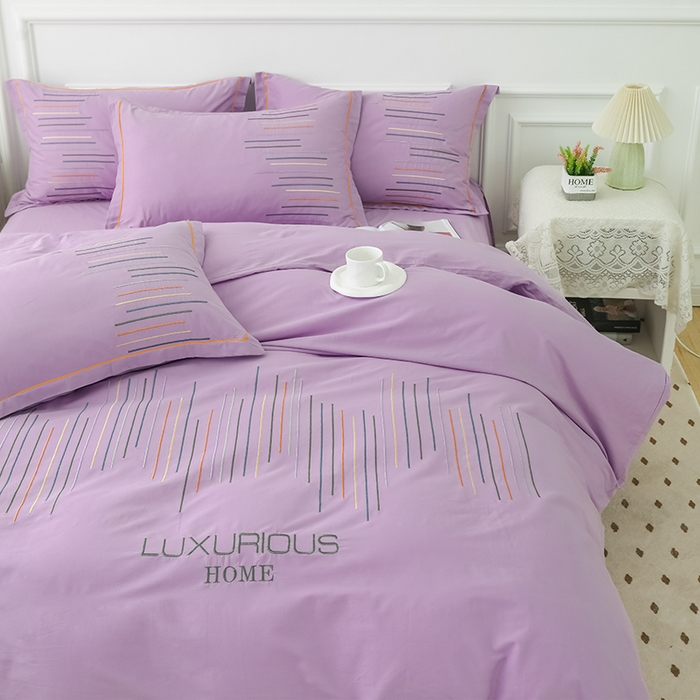 91家纺网 家纺一手货源 找家纺 疆东 疆东2026年纯色高端轻奢长绒棉纯棉全棉刺绣四件套简约素色匹马棉全棉纯棉刺绣花四件套被套床单套件 梦幻紫