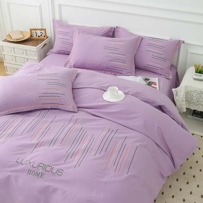 91家纺网 家纺一手货源 找家纺 疆东 疆东2026年纯色高端轻奢长绒棉纯棉全棉刺绣四件套简约素色匹马棉全棉纯棉刺绣花四件套被套床单套件 梦幻紫