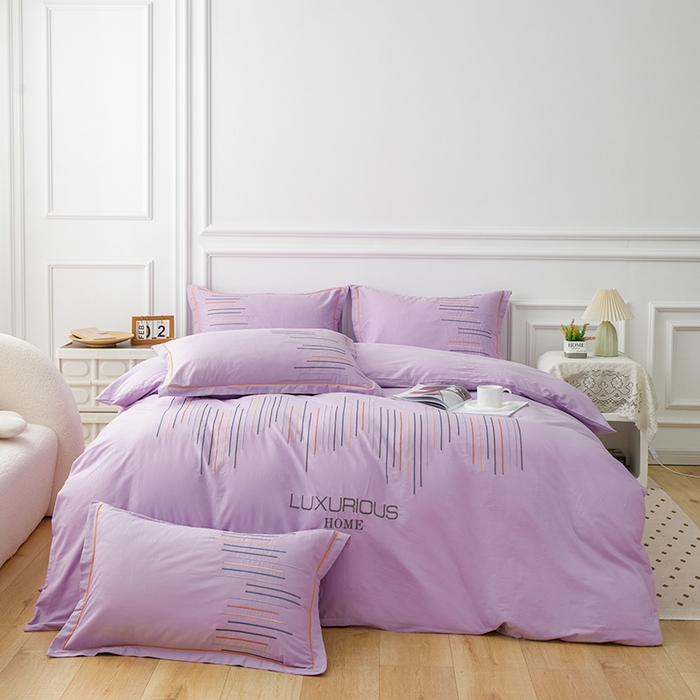 91家纺网 家纺一手货源 找家纺 疆东 疆东2026年纯色高端轻奢长绒棉纯棉全棉刺绣四件套简约素色匹马棉全棉纯棉刺绣花四件套被套床单套件 梦幻紫