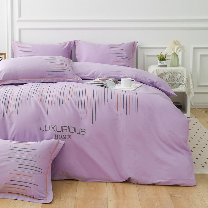 91家纺网 家纺一手货源 找家纺 疆东 疆东2026年纯色高端轻奢长绒棉纯棉全棉刺绣四件套简约素色匹马棉全棉纯棉刺绣花四件套被套床单套件 梦幻紫