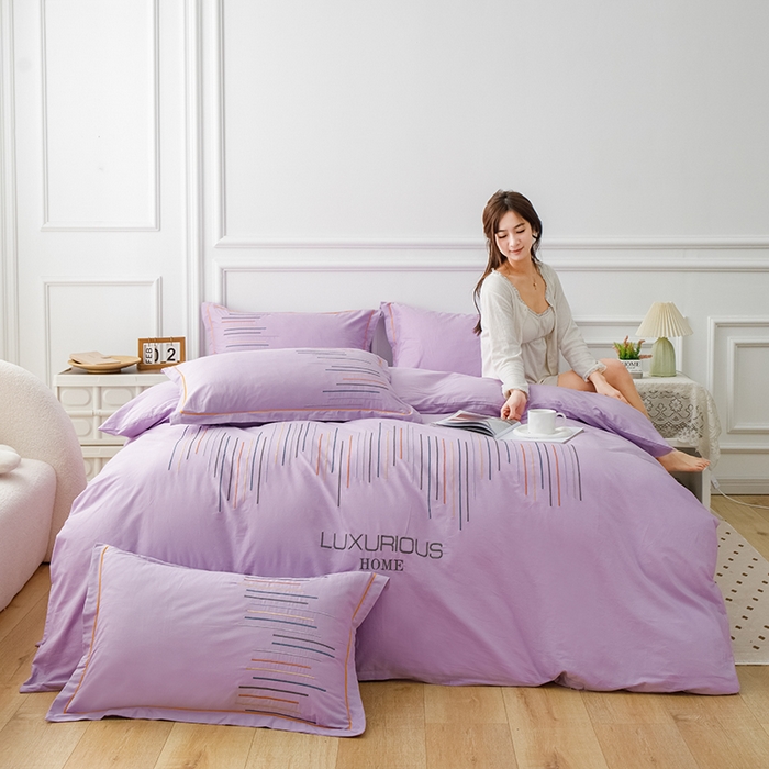 91家纺网 家纺一手货源 找家纺 疆东 疆东2026年纯色高端轻奢长绒棉纯棉全棉刺绣四件套简约素色匹马棉全棉纯棉刺绣花四件套被套床单套件 梦幻紫