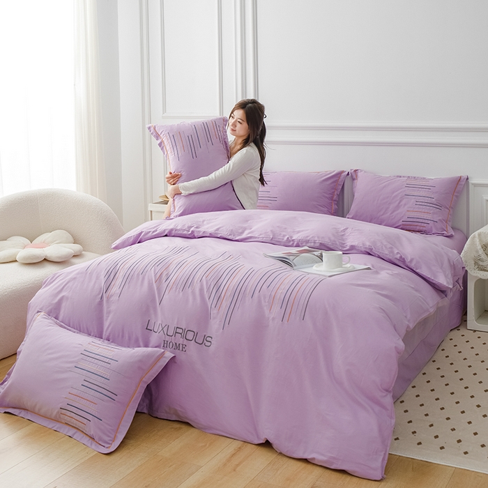 91家纺网 家纺一手货源 找家纺 疆东 疆东2026年纯色高端轻奢长绒棉纯棉全棉刺绣四件套简约素色匹马棉全棉纯棉刺绣花四件套被套床单套件 梦幻紫