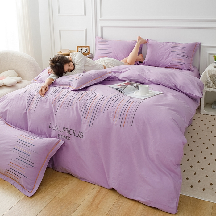 91家纺网 家纺一手货源 找家纺 疆东 疆东2026年纯色高端轻奢长绒棉纯棉全棉刺绣四件套简约素色匹马棉全棉纯棉刺绣花四件套被套床单套件 梦幻紫