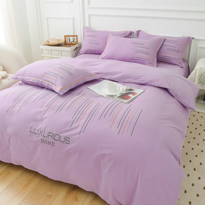 91家纺网 家纺一手货源 找家纺 疆东 疆东2026年纯色高端轻奢长绒棉纯棉全棉刺绣四件套简约素色匹马棉全棉纯棉刺绣花四件套被套床单套件 梦幻紫