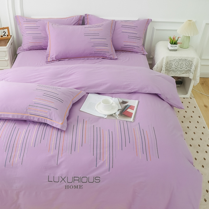 91家纺网 家纺一手货源 找家纺 疆东 疆东2026年纯色高端轻奢长绒棉纯棉全棉刺绣四件套简约素色匹马棉全棉纯棉刺绣花四件套被套床单套件 梦幻紫