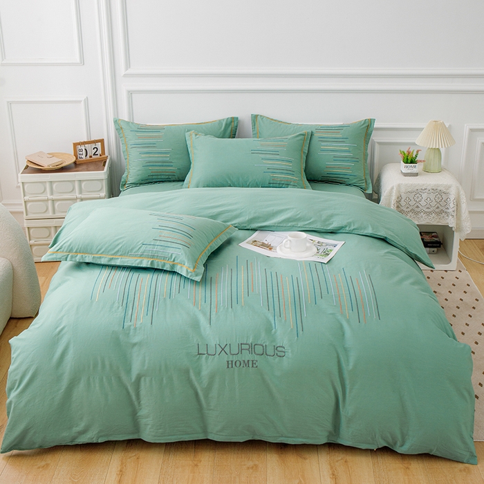 疆东 疆东2026年纯色高端轻奢长绒棉纯棉全棉刺绣四件套简约素色匹马棉全棉纯棉刺绣花四件套被套床单套件 翡翠绿