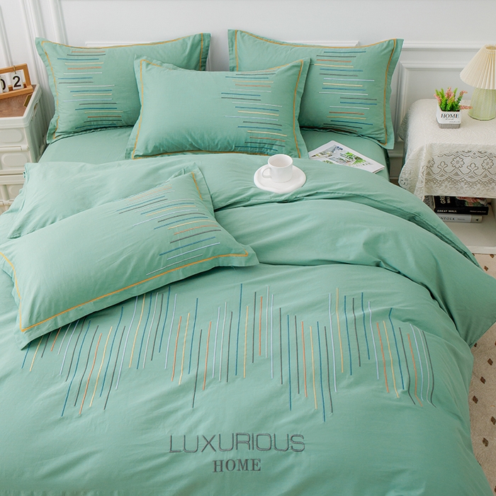 91家纺网 家纺一手货源 找家纺 疆东 疆东2026年纯色高端轻奢长绒棉纯棉全棉刺绣四件套简约素色匹马棉全棉纯棉刺绣花四件套被套床单套件 翡翠绿