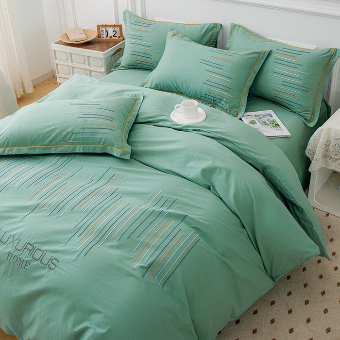 91家纺网 家纺一手货源 找家纺 疆东 疆东2026年纯色高端轻奢长绒棉纯棉全棉刺绣四件套简约素色匹马棉全棉纯棉刺绣花四件套被套床单套件 翡翠绿