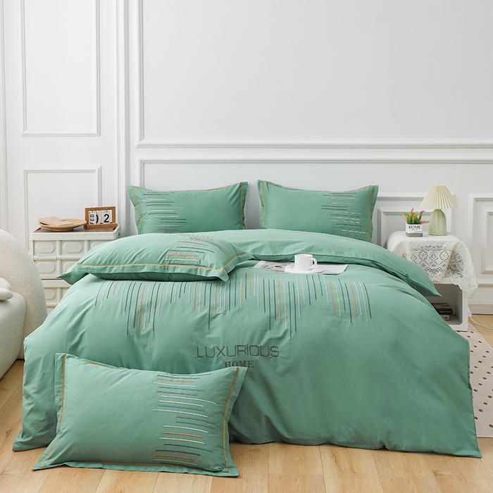 91家纺网 家纺一手货源 找家纺 疆东 疆东2026年纯色高端轻奢长绒棉纯棉全棉刺绣四件套简约素色匹马棉全棉纯棉刺绣花四件套被套床单套件 翡翠绿