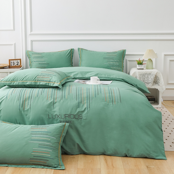 91家纺网 家纺一手货源 找家纺 疆东 疆东2026年纯色高端轻奢长绒棉纯棉全棉刺绣四件套简约素色匹马棉全棉纯棉刺绣花四件套被套床单套件 翡翠绿