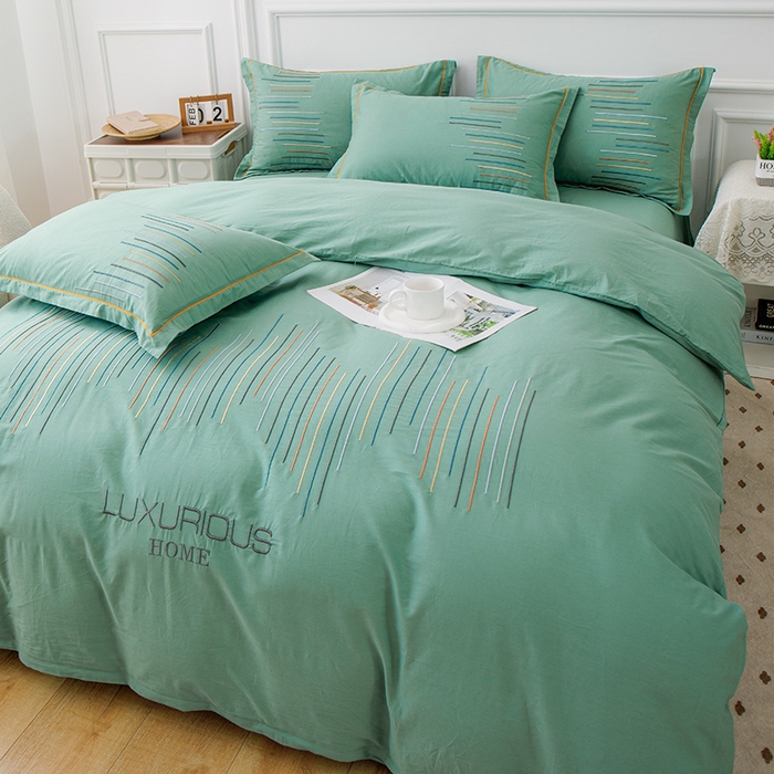 91家纺网 家纺一手货源 找家纺 疆东 疆东2026年纯色高端轻奢长绒棉纯棉全棉刺绣四件套简约素色匹马棉全棉纯棉刺绣花四件套被套床单套件 翡翠绿