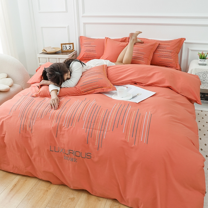 91家纺网 家纺一手货源 找家纺 疆东 疆东2026年纯色高端轻奢长绒棉纯棉全棉刺绣四件套简约素色匹马棉全棉纯棉刺绣花四件套被套床单套件 太阳橙