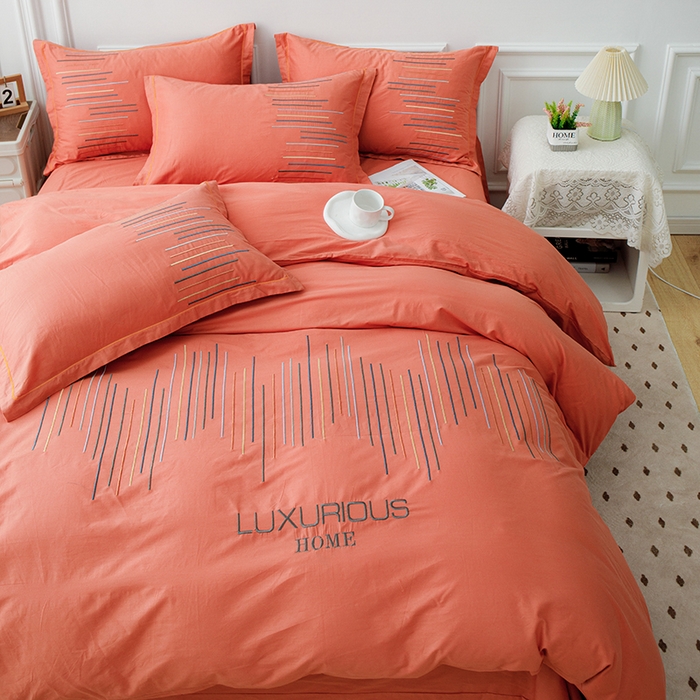 91家纺网 家纺一手货源 找家纺 疆东 疆东2026年纯色高端轻奢长绒棉纯棉全棉刺绣四件套简约素色匹马棉全棉纯棉刺绣花四件套被套床单套件 太阳橙