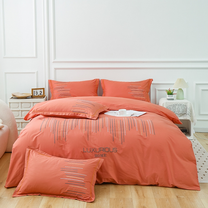 91家纺网 家纺一手货源 找家纺 疆东 疆东2026年纯色高端轻奢长绒棉纯棉全棉刺绣四件套简约素色匹马棉全棉纯棉刺绣花四件套被套床单套件 太阳橙