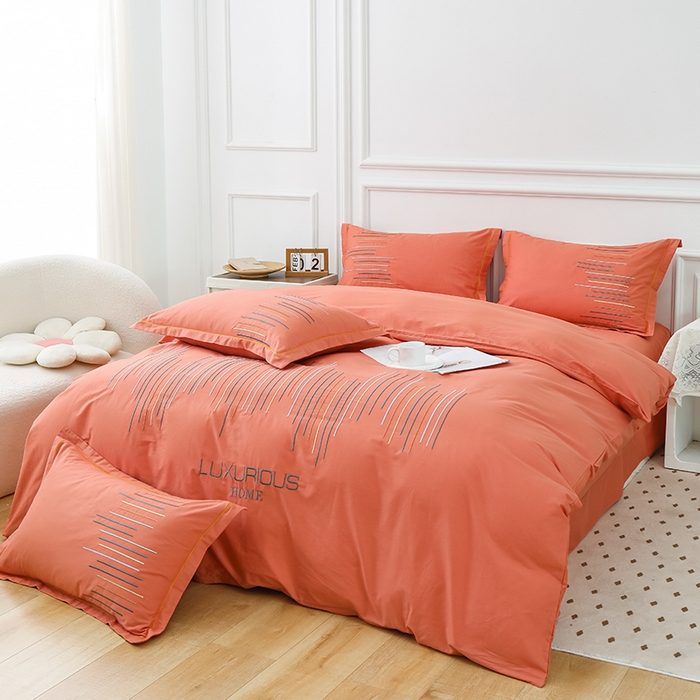 91家纺网 家纺一手货源 找家纺 疆东 疆东2026年纯色高端轻奢长绒棉纯棉全棉刺绣四件套简约素色匹马棉全棉纯棉刺绣花四件套被套床单套件 太阳橙