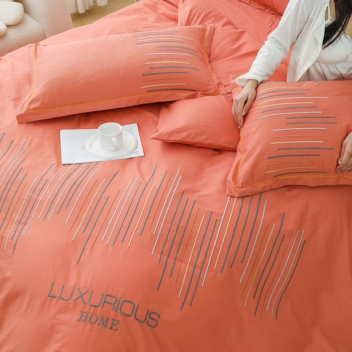 91家纺网 家纺一手货源 找家纺 疆东 疆东2026年纯色高端轻奢长绒棉纯棉全棉刺绣四件套简约素色匹马棉全棉纯棉刺绣花四件套被套床单套件 太阳橙