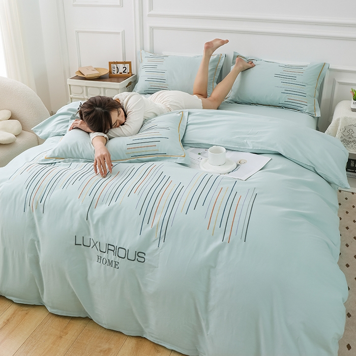 91家纺网 家纺一手货源 找家纺 疆东 疆东2026年纯色高端轻奢长绒棉纯棉全棉刺绣四件套简约素色匹马棉全棉纯棉刺绣花四件套被套床单套件 天青