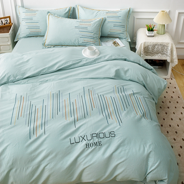 91家纺网 家纺一手货源 找家纺 疆东 疆东2026年纯色高端轻奢长绒棉纯棉全棉刺绣四件套简约素色匹马棉全棉纯棉刺绣花四件套被套床单套件 天青