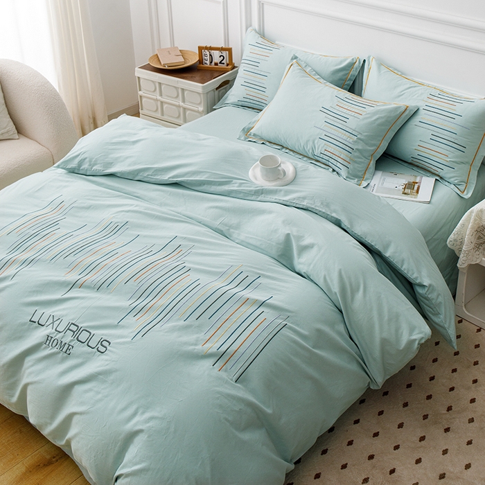 91家纺网 家纺一手货源 找家纺 疆东 疆东2026年纯色高端轻奢长绒棉纯棉全棉刺绣四件套简约素色匹马棉全棉纯棉刺绣花四件套被套床单套件 天青