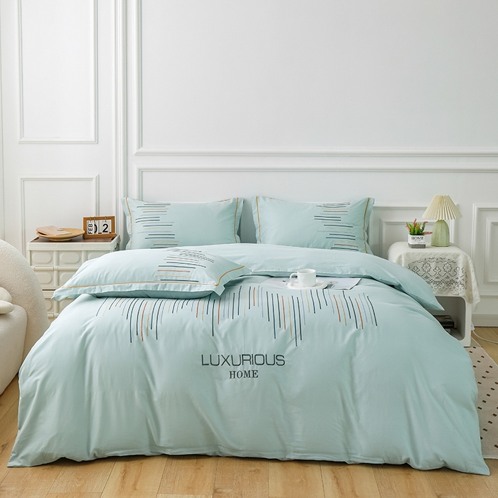 91家纺网 家纺一手货源 找家纺 疆东 疆东2026年纯色高端轻奢长绒棉纯棉全棉刺绣四件套简约素色匹马棉全棉纯棉刺绣花四件套被套床单套件 天青