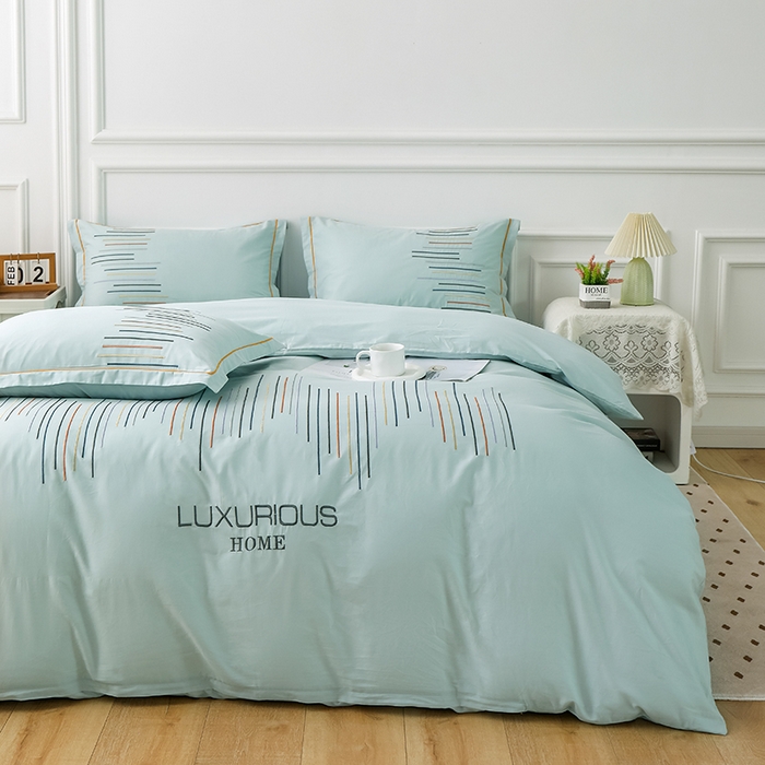 91家纺网 家纺一手货源 找家纺 疆东 疆东2026年纯色高端轻奢长绒棉纯棉全棉刺绣四件套简约素色匹马棉全棉纯棉刺绣花四件套被套床单套件 天青