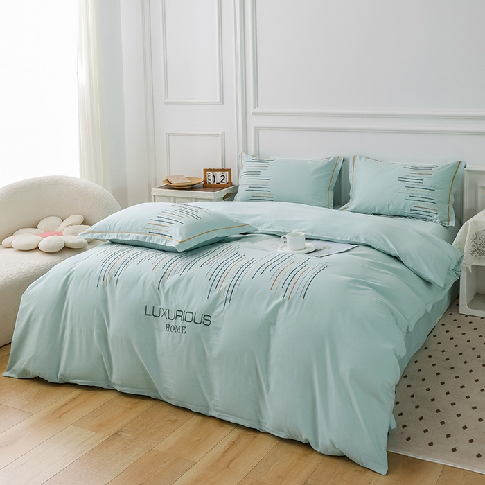 91家纺网 家纺一手货源 找家纺 疆东 疆东2026年纯色高端轻奢长绒棉纯棉全棉刺绣四件套简约素色匹马棉全棉纯棉刺绣花四件套被套床单套件 天青