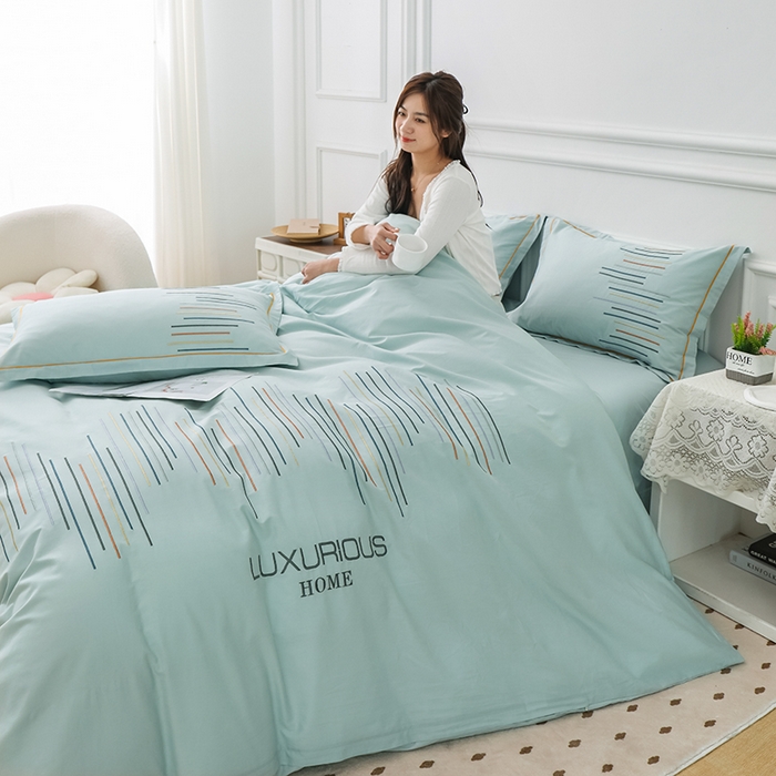 91家纺网 家纺一手货源 找家纺 疆东 疆东2026年纯色高端轻奢长绒棉纯棉全棉刺绣四件套简约素色匹马棉全棉纯棉刺绣花四件套被套床单套件 天青