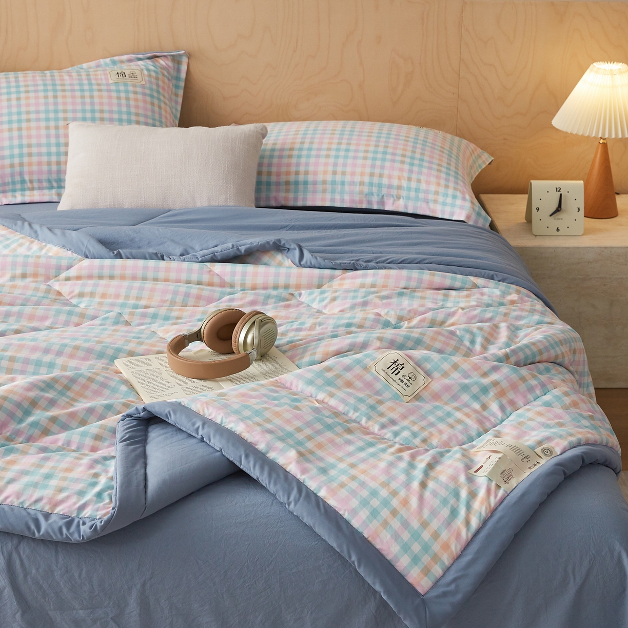 91家纺网 家纺一手货源 找家纺 帕芬鸟家纺 2026新款100%棉花夏凉被空调被夏被四件套-格子系列 冰激凌格